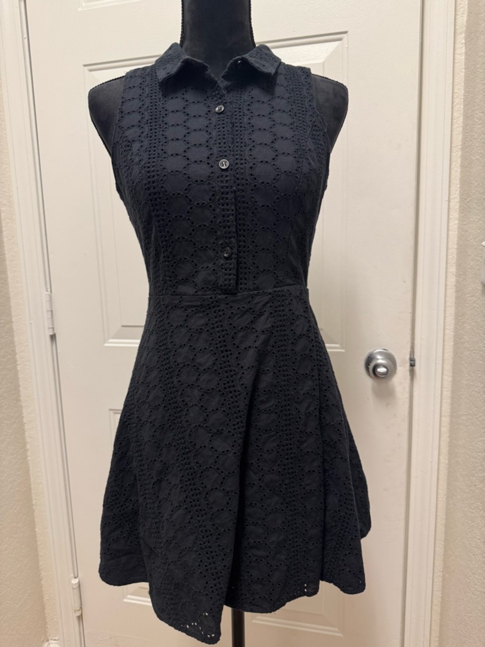 BCBGeneration Black Sleeveless Eyelet Collared Fit-and-Flare Dress